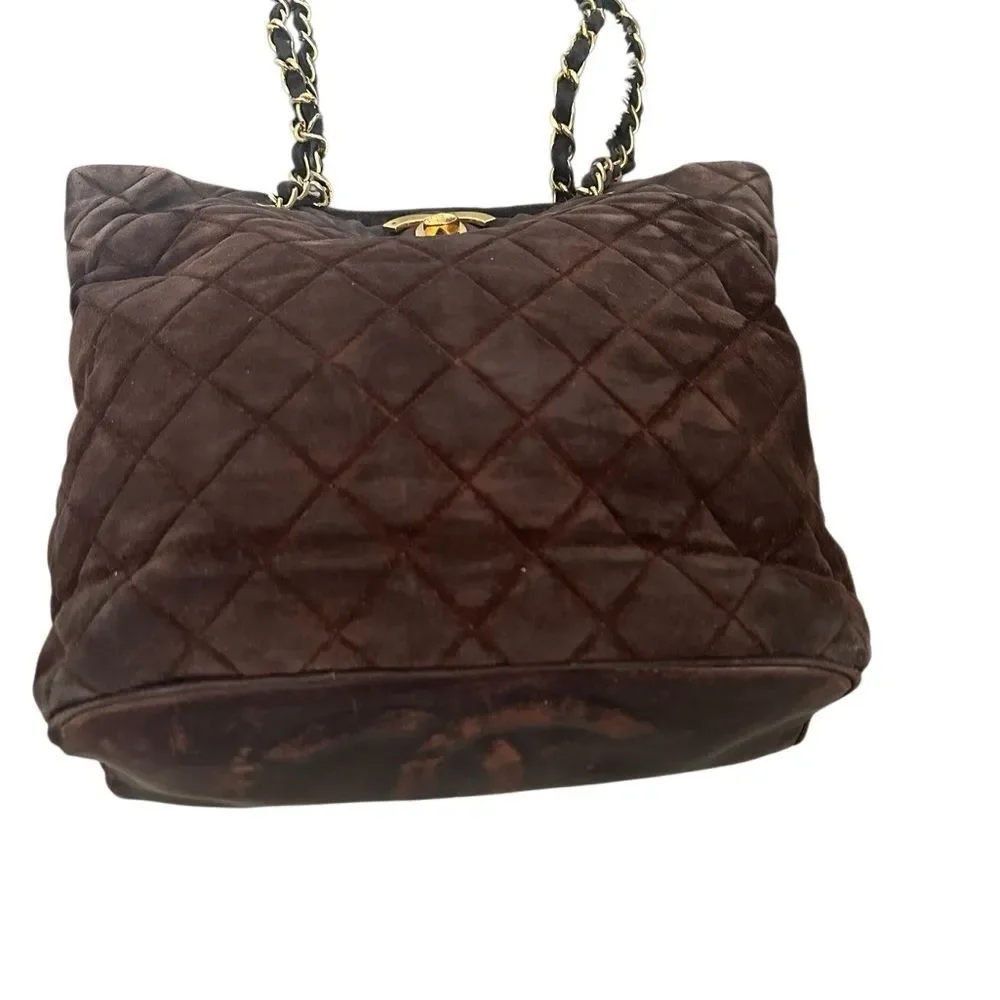 CHANEL Dark Brown Quilted Tote with Gold Chain